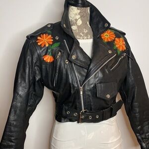 Wilson’s Sz. XS Hand Painted Cropped Vintage Motorcycle Black Leather Jacket